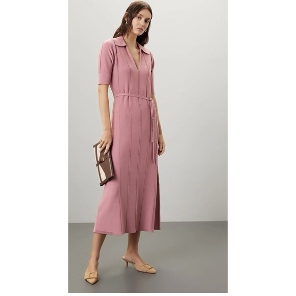 Adam Lippes Knit Collar Dress Mauve Pink V-Neck Pullover Short Sleeve Sz S - Picture 1 of 8